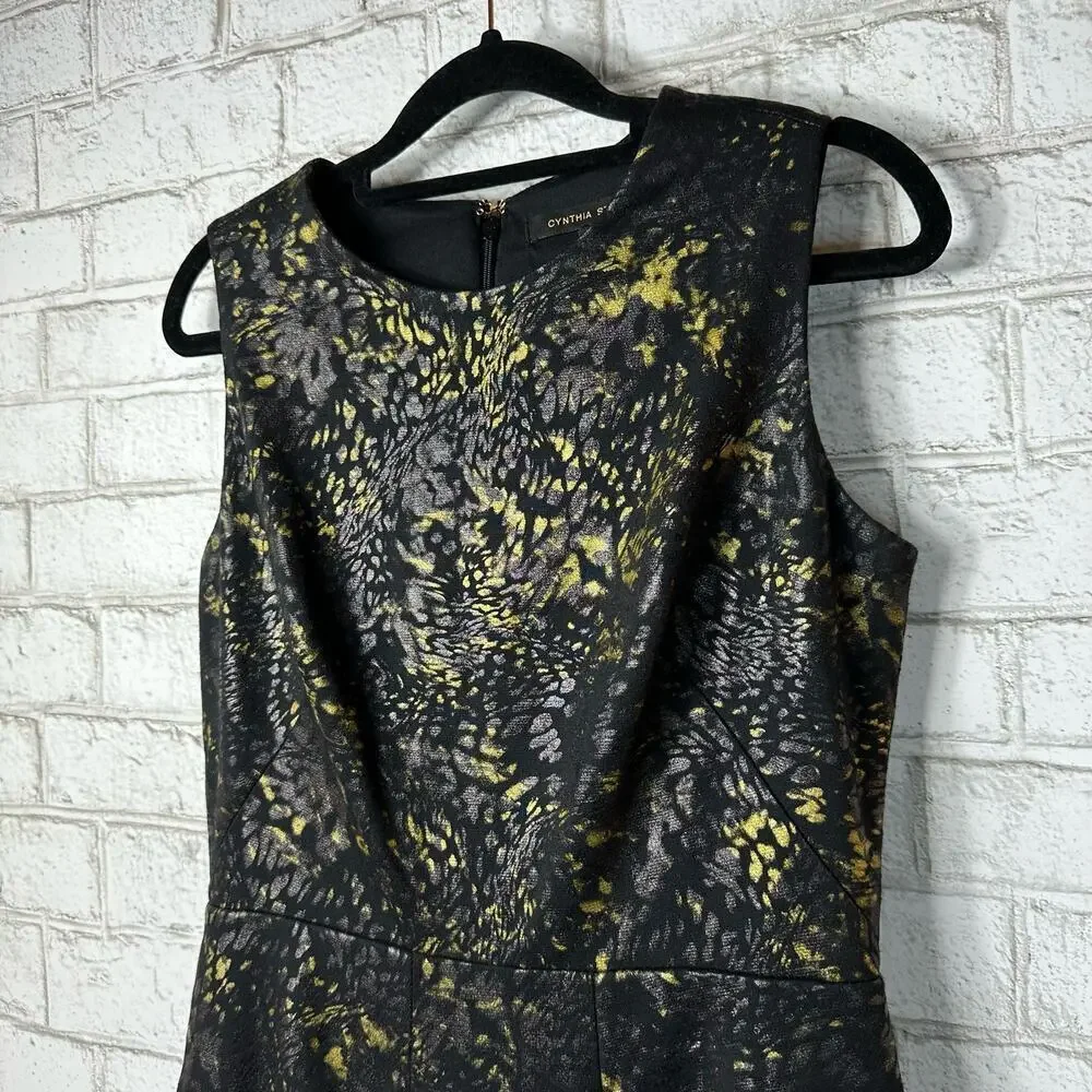 Cynthia Steffe Dress Peplum Sheath Mini Sleeveless Snake Reptile Black Gold 8